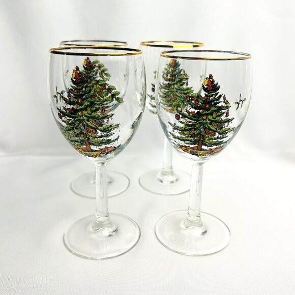 Spode Christmas Tree Vintage Wine Glasses Holiday Goblets Gold Trim 12 oz 4pcs - Picture 5 of 12